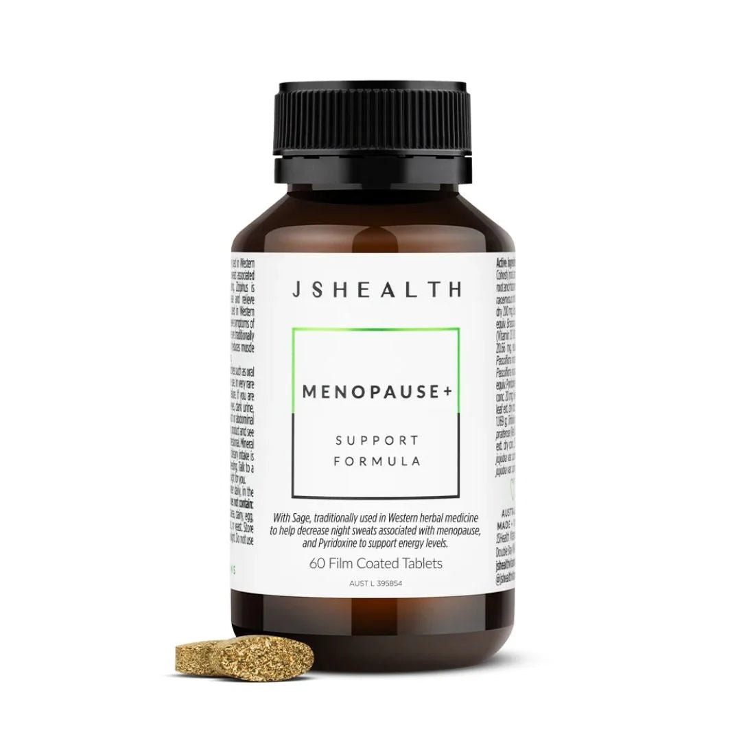 JSHealth Menopause+ Support Formula 60 Tablets – front-of-pack product shot on warm beige background