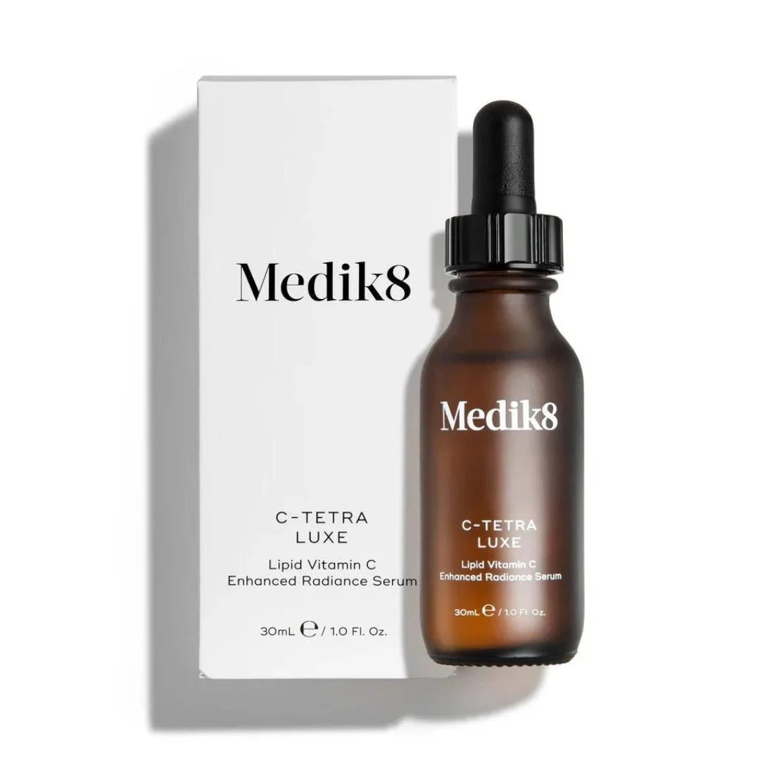 Medik8 C Tetra Luxe 14% Vitamin C Enhanced Radiance Serum 30ml – product and box packaging shot on white background