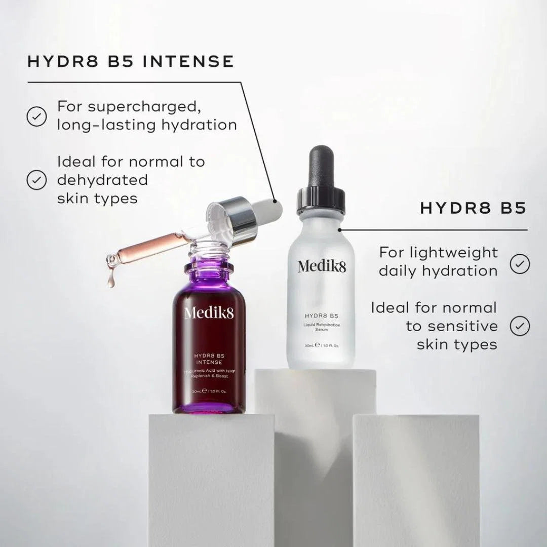 Medik8 Hydr8 B5 Serum 30ml – product lifestyle shot with hydration benefits callout on white background