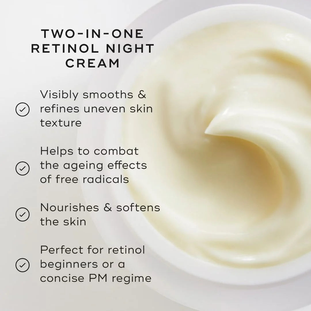 Two-in-one Intelligent retinol smoothing night cream, creamy off white benefits including visibly smoothing and refining uneven skin texture.