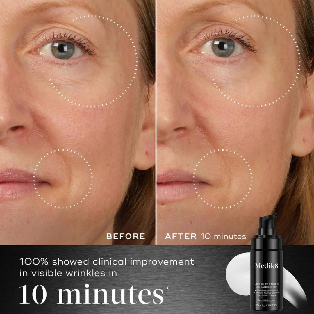 Medik8 Liquid Peptides Advanced MP 30ml – how to use infographic: apply morning and evening after cleansing before moisturiser