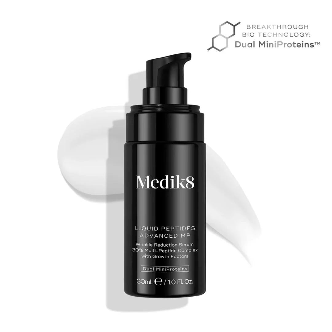 Medik8 Liquid Peptides Advanced MP 30ml – key benefits infographic: visibly reduces wrinkles, firms skin and boosts collagen with an advanced multi-peptide complex