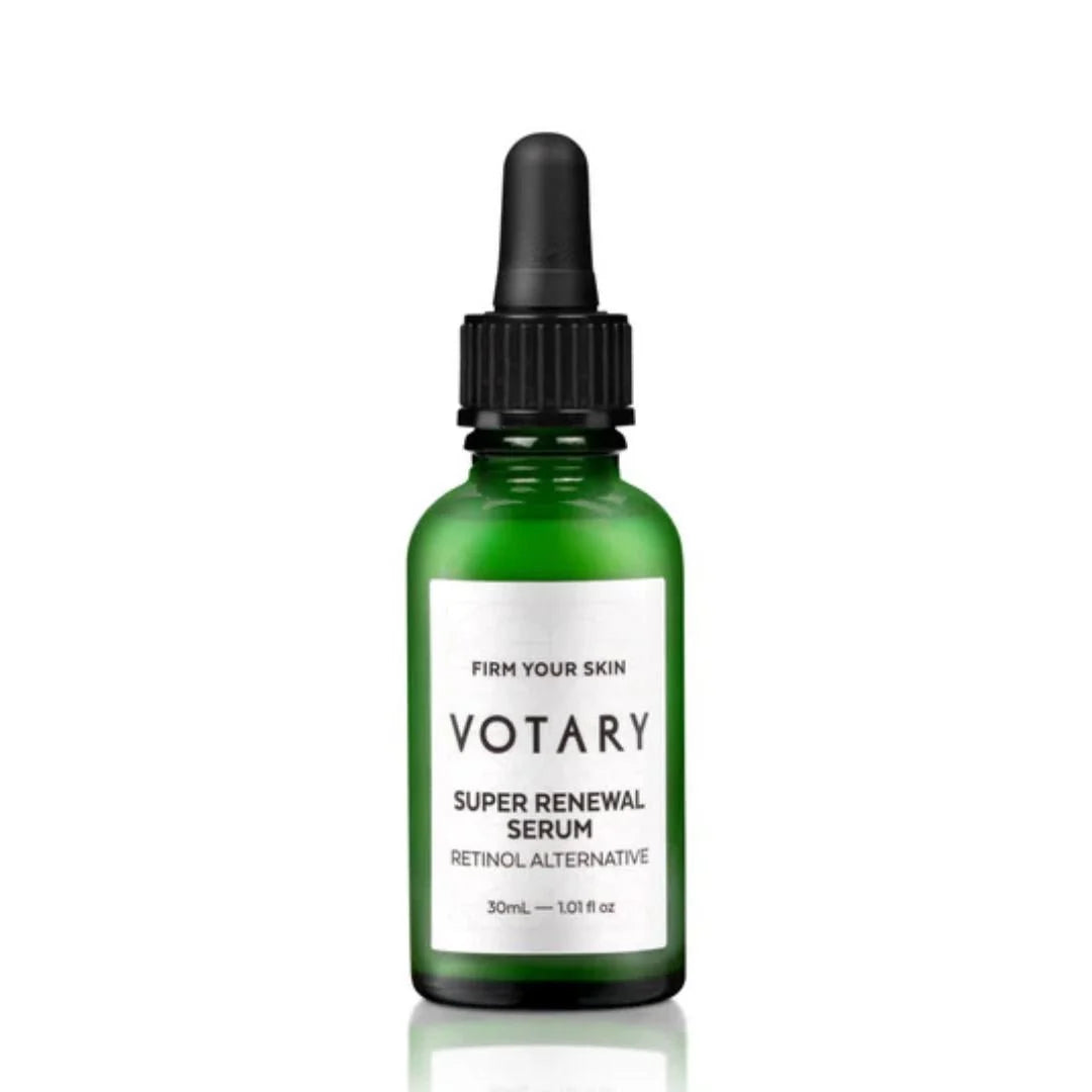 A green glass dropper bottle of Votary Super Renewal Serum with a black cap and white label, centered on a white background with a subtle reflection.