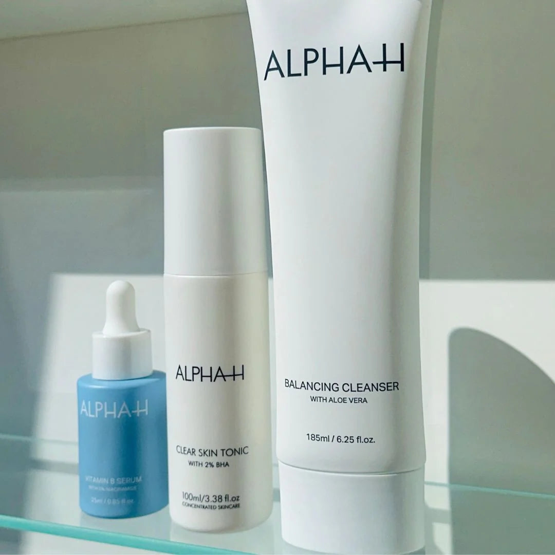 Alpha-H Clear Start First Routine – key benefits infographic: gentle, beginner-friendly complete first skincare routine for younger or new-to-skincare skin