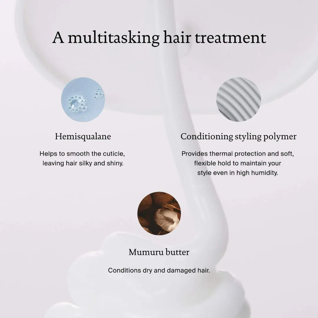 Living Proof Perfect Hair Day 5-in-1 Styling Treatment 118ml – key benefits infographic: 5 benefits in 1 step including heat protection, frizz control and shine