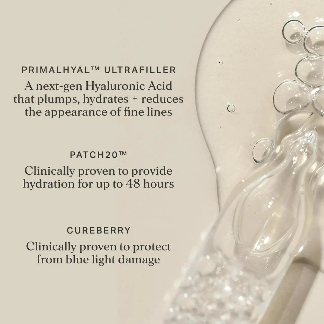 Alpha-H Hyaluronic 8 Super Serum 25ml – key benefits infographic: 8 types of hyaluronic acid for multi-depth hydration and plumping