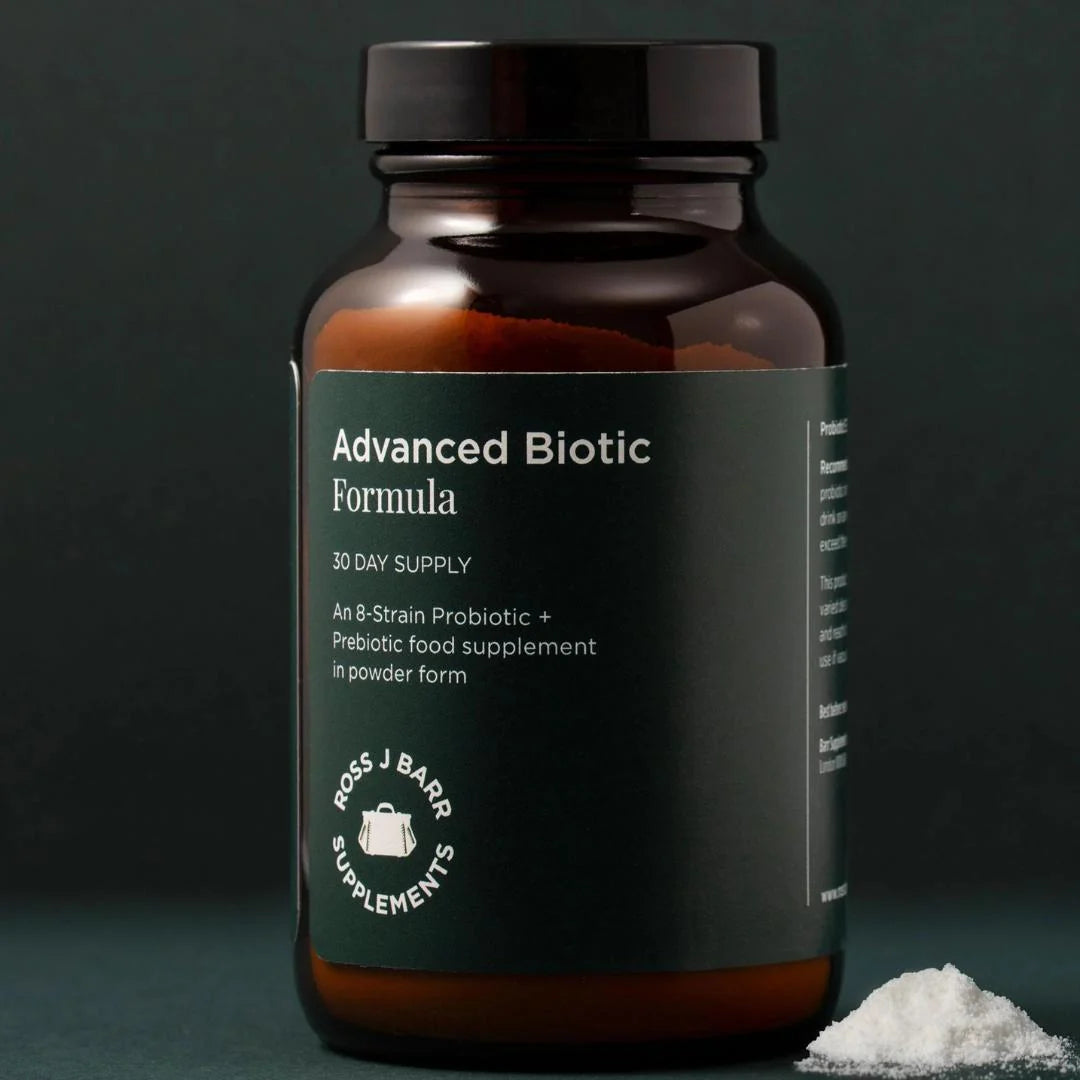 Ross J. Barr Advanced Pro and Pre Biotic Formula 100g – key ingredients infographic: multi-strain probiotic blend with prebiotic fibre complex