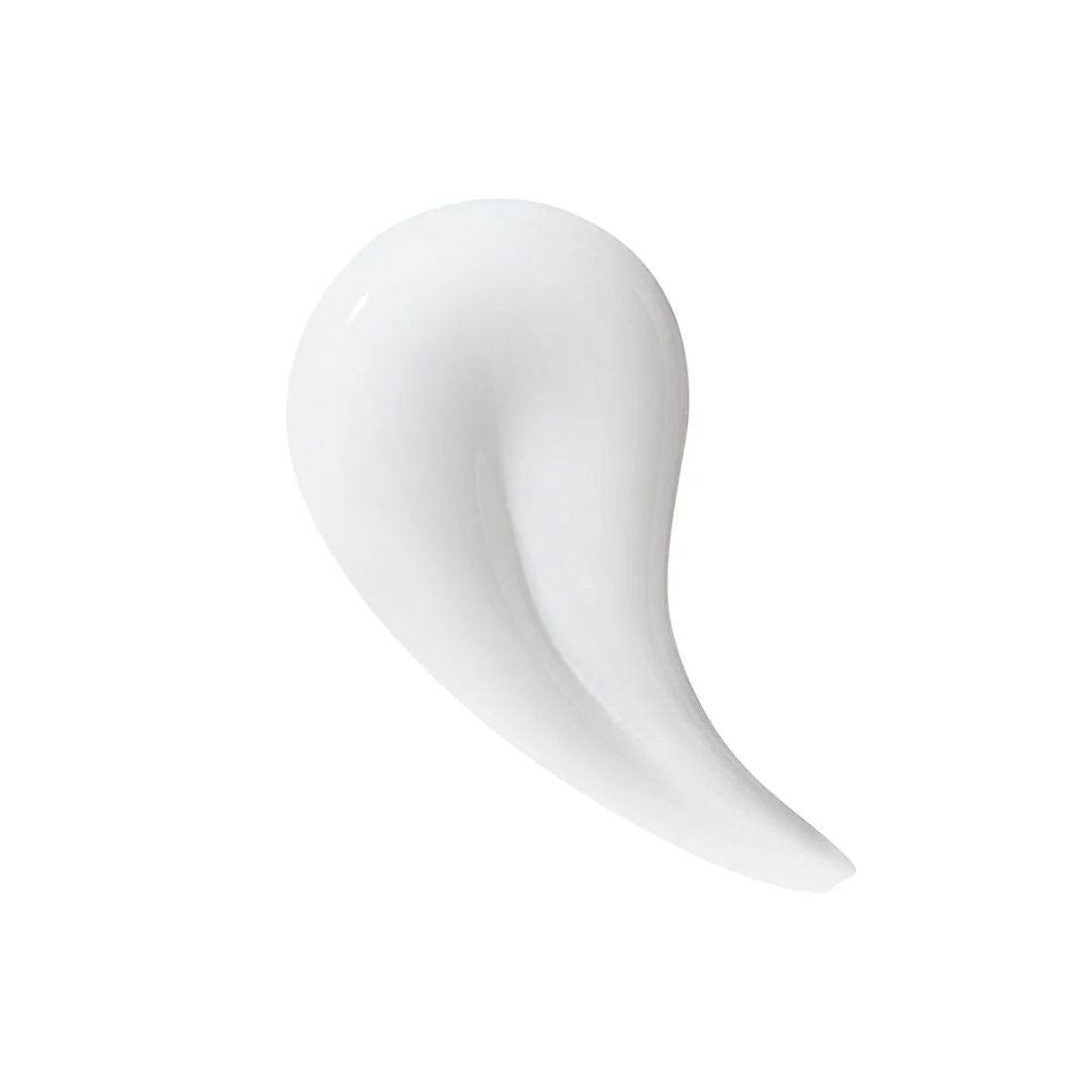 A smooth, glossy white cream swatch shaped like a teardrop, showing a thick, creamy texture. Alpha-H Daily Dose Multivitamin Body Serum smooth, glossy white cream swatch shaped like a teardrop, showing a thick, creamy, lightweight hydrating serum texture