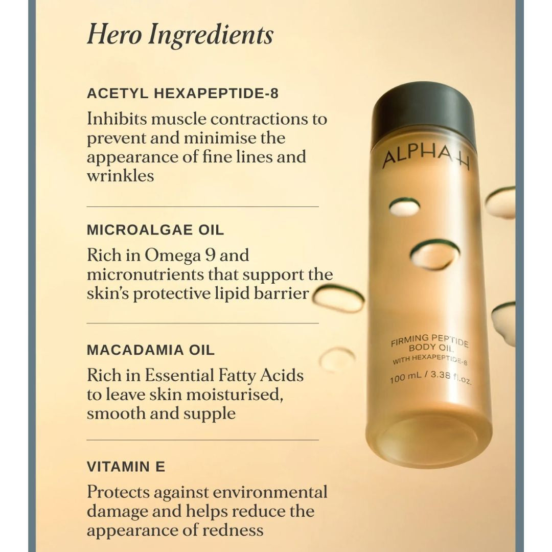 Alpha-H Firming Peptide Body Oil hero ingredients with Acetyl Hexapeptide-8, microalgae oil, macadamia oil and vitamin E