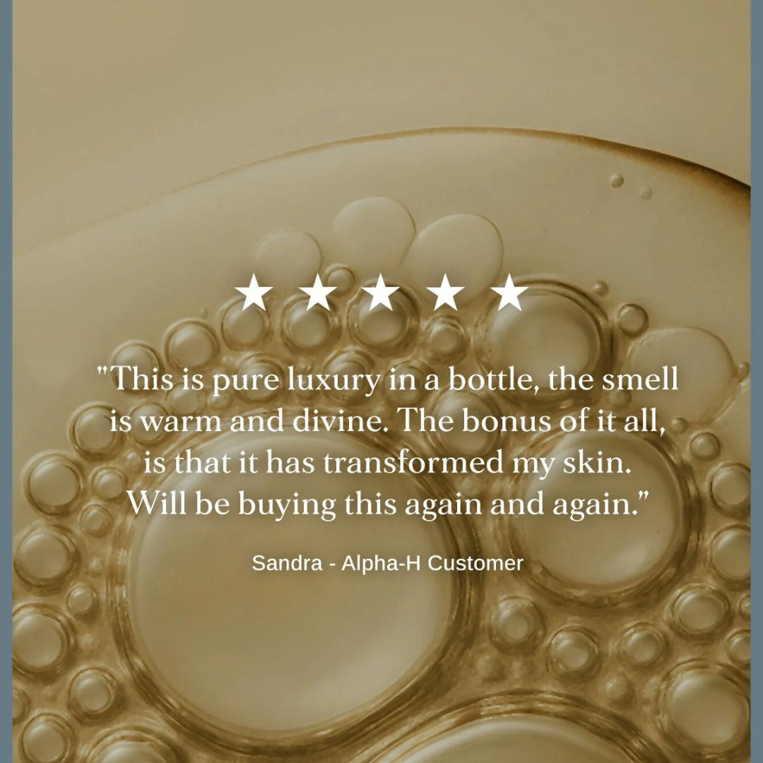 Alpha-H Firming Peptide Body Oil five-star customer review describing the luxurious body oil and transformed-looking skin