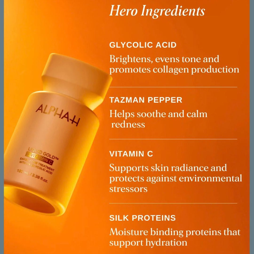 Alpha-H Liquid Gold + Vitamin C Exfoliating Treatment hero ingredients including glycolic acid, Tazman pepper, vitamin C and silk proteins