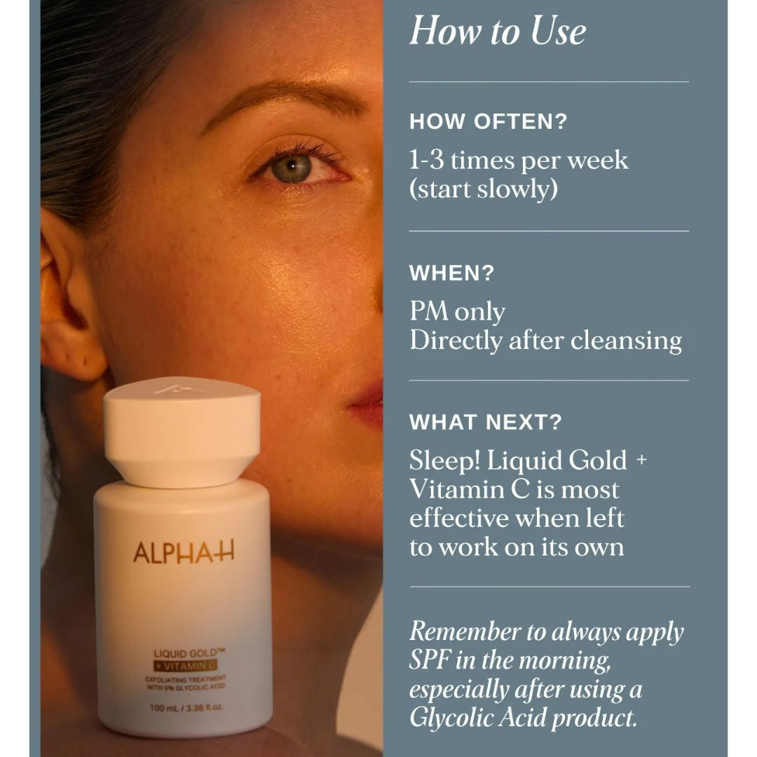Alpha-H Liquid Gold + Vitamin C Exfoliating Treatment how-to-use guide for an evening exfoliating skincare routine