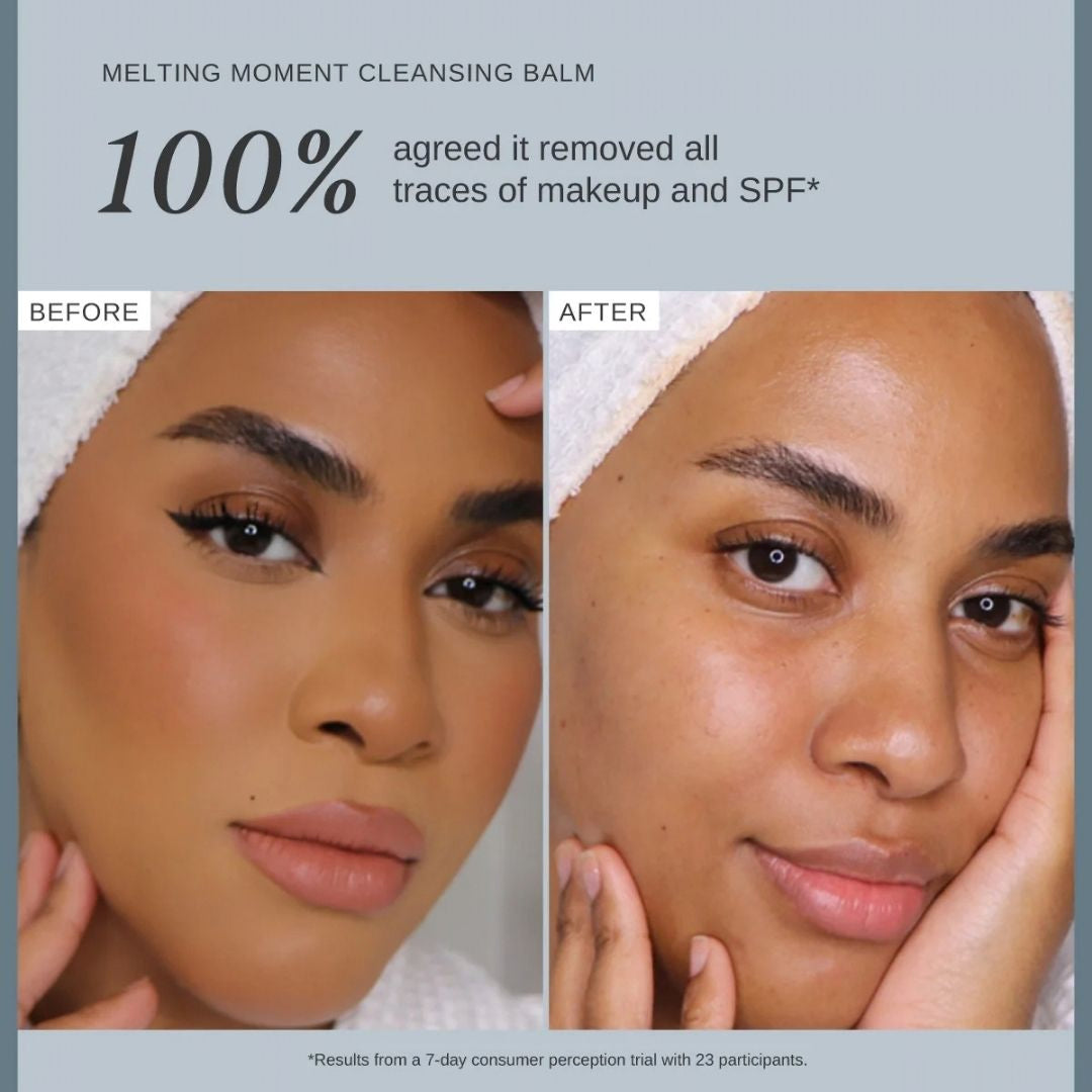 Before and after comparison of a woman's face showing makeup and SPF removal, with text reading 'MELTING MOMENT CLEANSING BALM' and '100% agreed it removed all traces of makeup and SPF'.