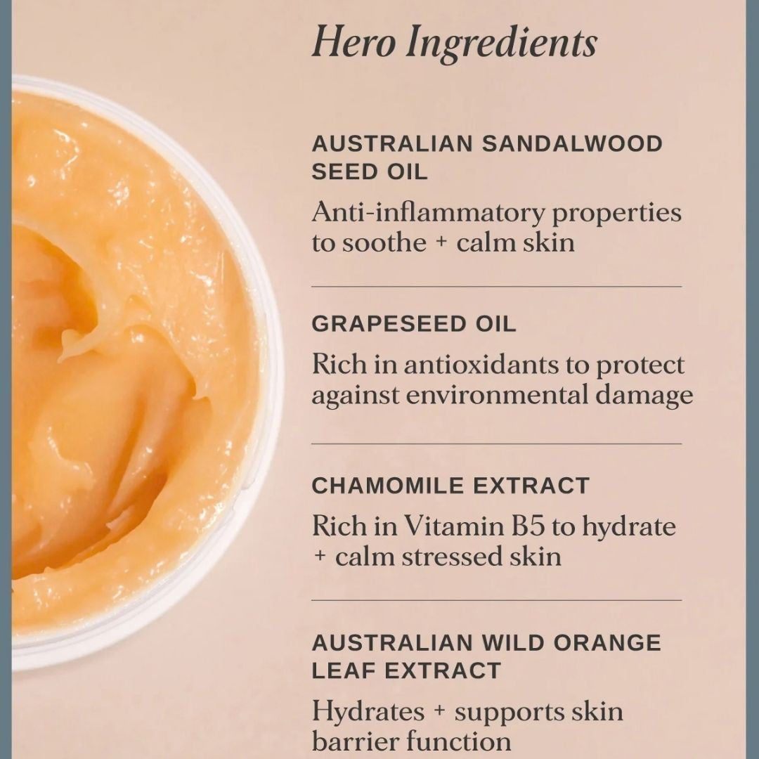 Alpha-H Melting Moment Cleansing Balm hero ingredients with Australian sandalwood seed oil, grapeseed oil, chamomile and wild orange leaf extract