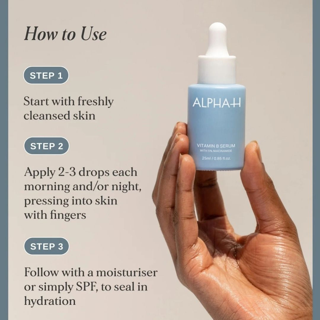 Alpha-H Vitamin B Serum how-to-use guide showing 2-3 drops applied morning and/or night to freshly cleansed skin