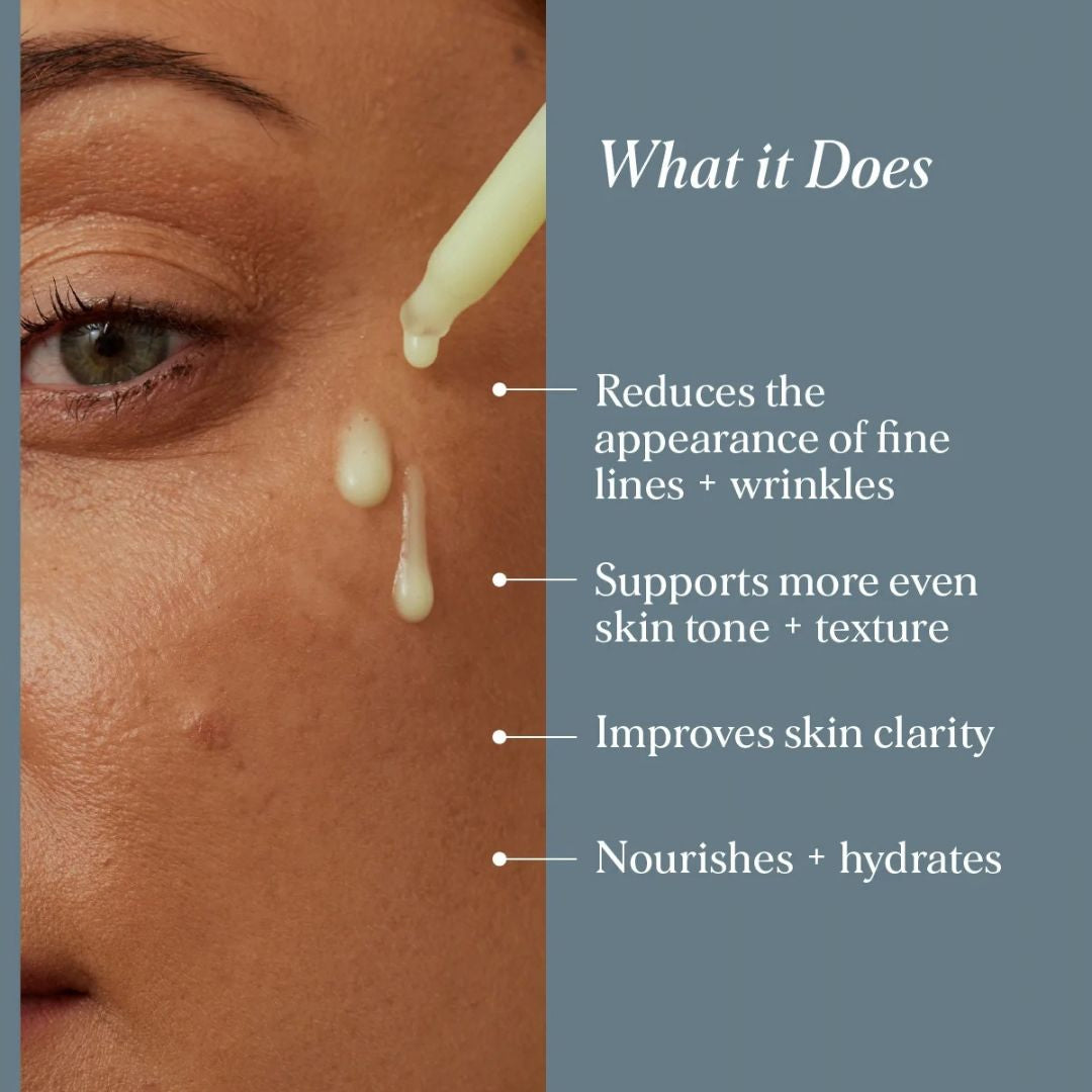 Close-up of a person's face with a dropper applying a cream product to the cheek, alongside text listing benefits such as reducing fine lines, improving skin clarity, and hydrating.