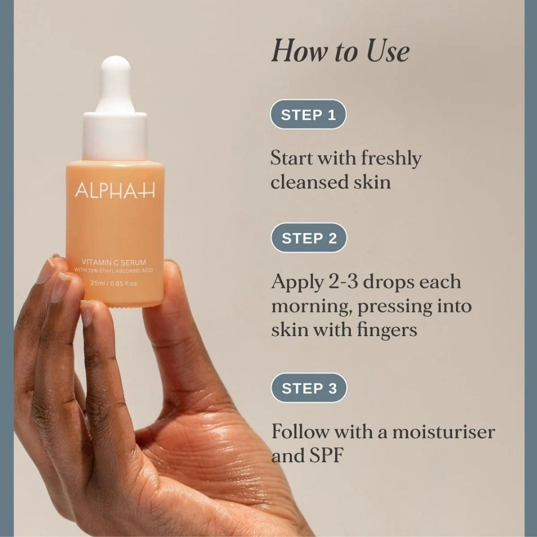 Alpha-H Vitamin C Serum 25ml how-to-use guide showing 2–3 drops applied each morning after cleansing, followed by moisturiser and SPF