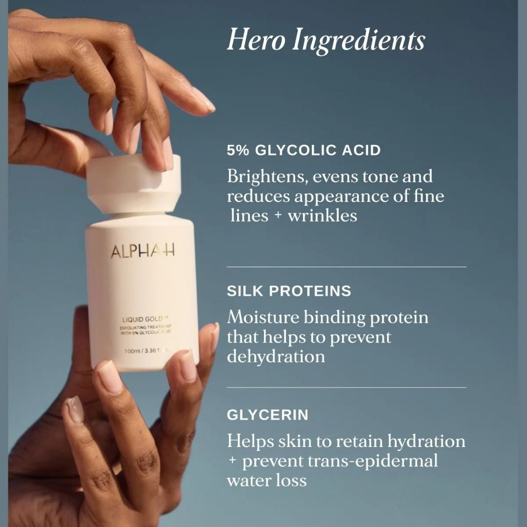 Alpha-H Liquid Gold 100ml with 5% glycolic acid, silk proteins and glycerin hero ingredients for brighter, smoother and hydrated skin