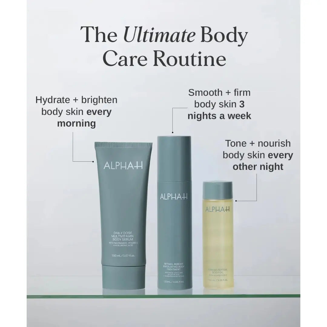 Alpha-H body care products with a routine diagram