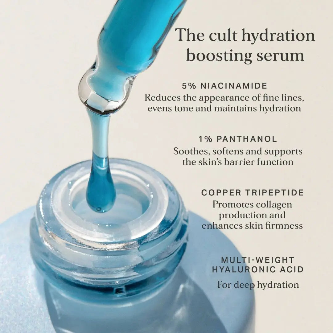 Cult hydration boosting serum with dropper and product details 