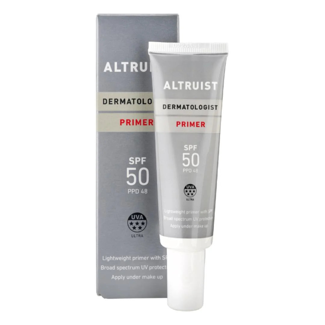 Altruist Dermatologist Primer SPF 50 30ml – key benefits infographic: SPF 50 primer smooths skin texture, minimises pores and provides broad-spectrum sun protection