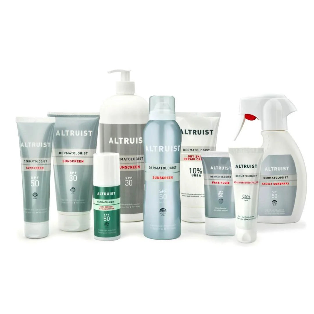 A group of Altruiest skincare products, including sunscreens, a face flow, and a facial spray, arranged together on a white background.