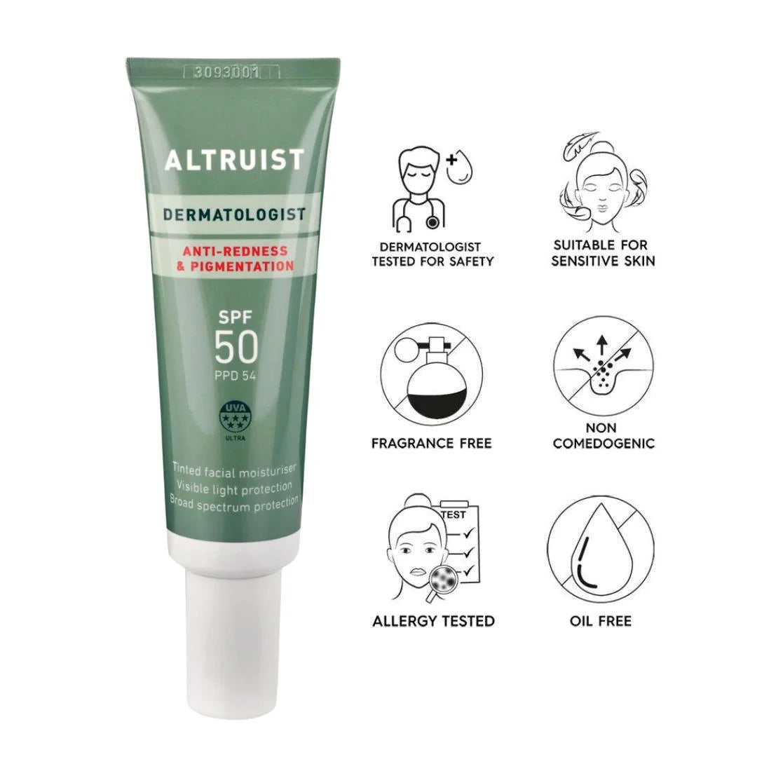 Altruist Dermatologist Anti-Redness and Pigmentation SPF 50 30ml – key benefits infographic: reduces redness and pigmentation while providing broad-spectrum SPF 50 protection