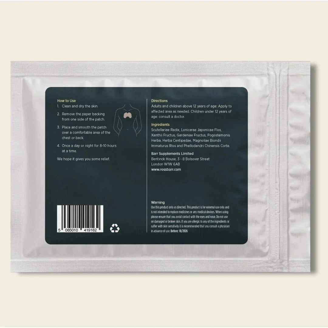 Ross J. Barr Breathe Patches 5 patches – key benefits infographic: natural respiratory support patches with botanical complex to ease breathing and clear airways