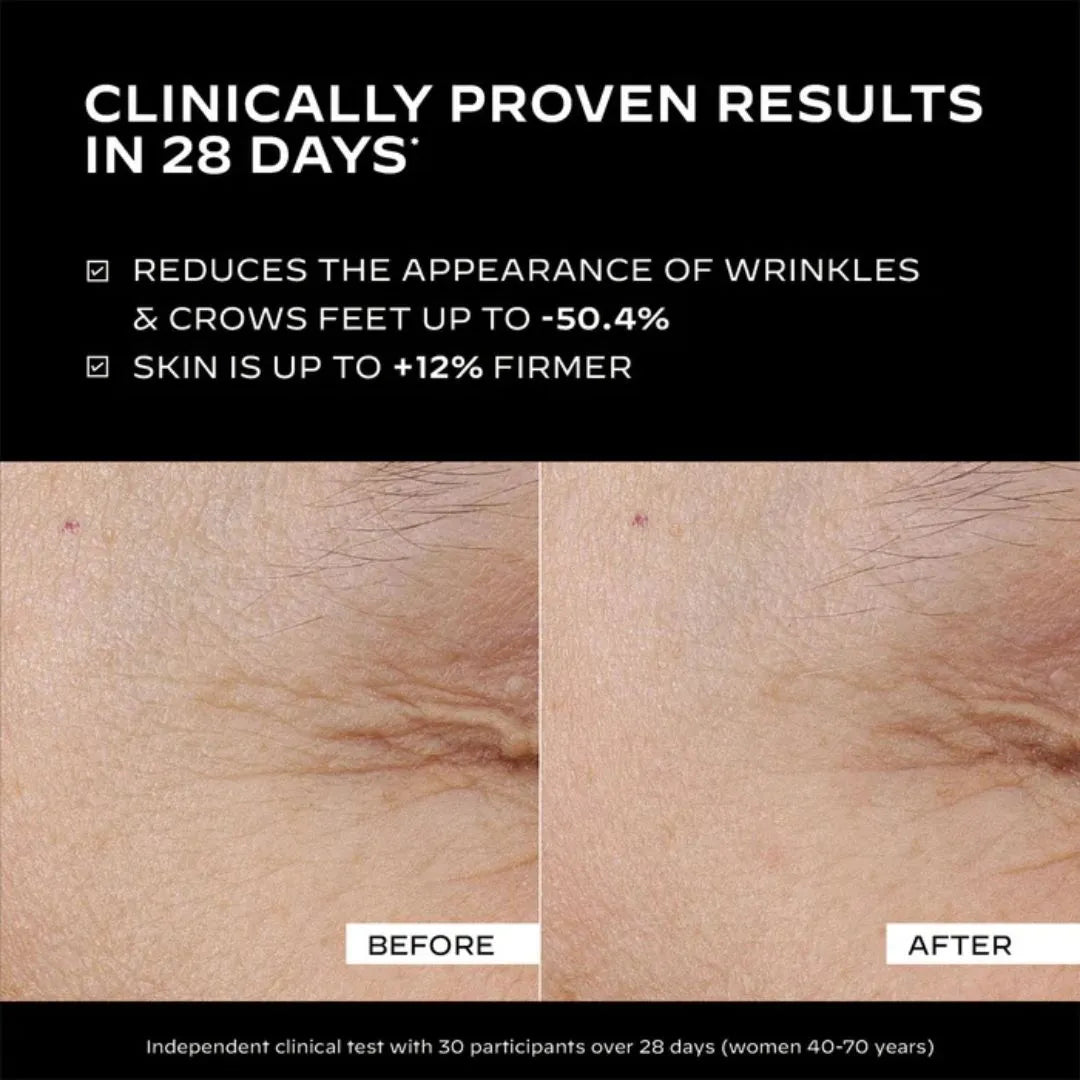 Before and after skin comparison with clinical results on a black background
