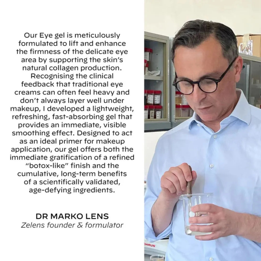 Man in a lab setting holding a container with text about eye gel formulation.