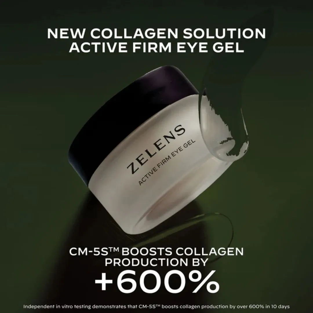 Zelevs Active Firm Eye Gel jar with promotional text on a dark background