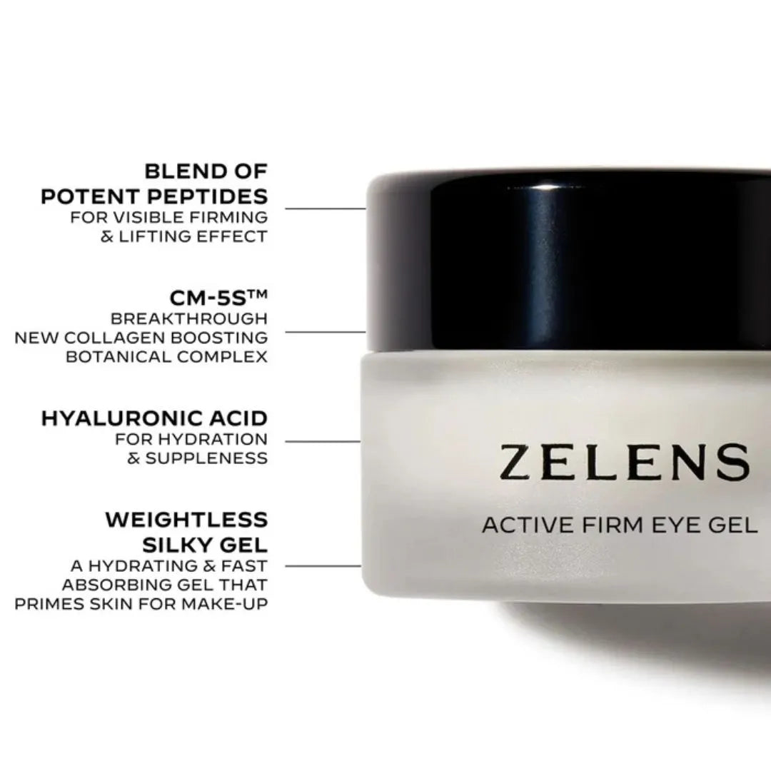 Zelens Active Firm Eye Gel with product features listed on a white background