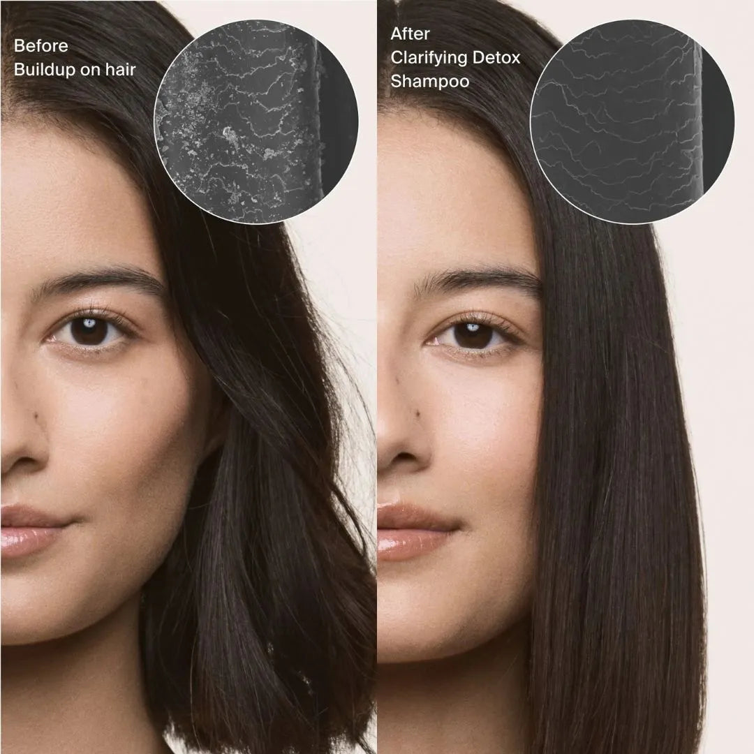 Before and after comparison of hair with buildup on the left and clear hair with detox shampoo on the right.