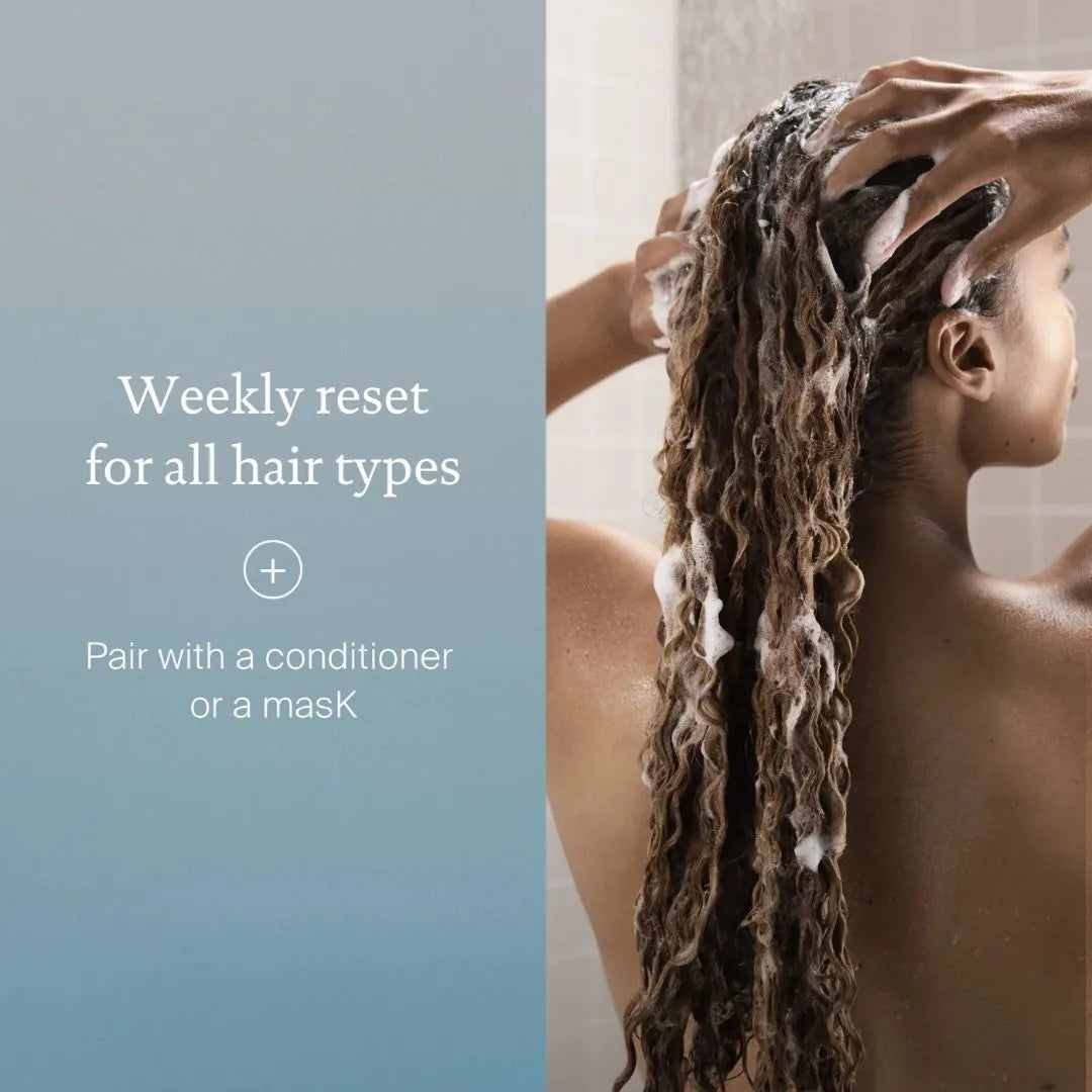 Person with styled hair, text about weekly reset for all hair types.