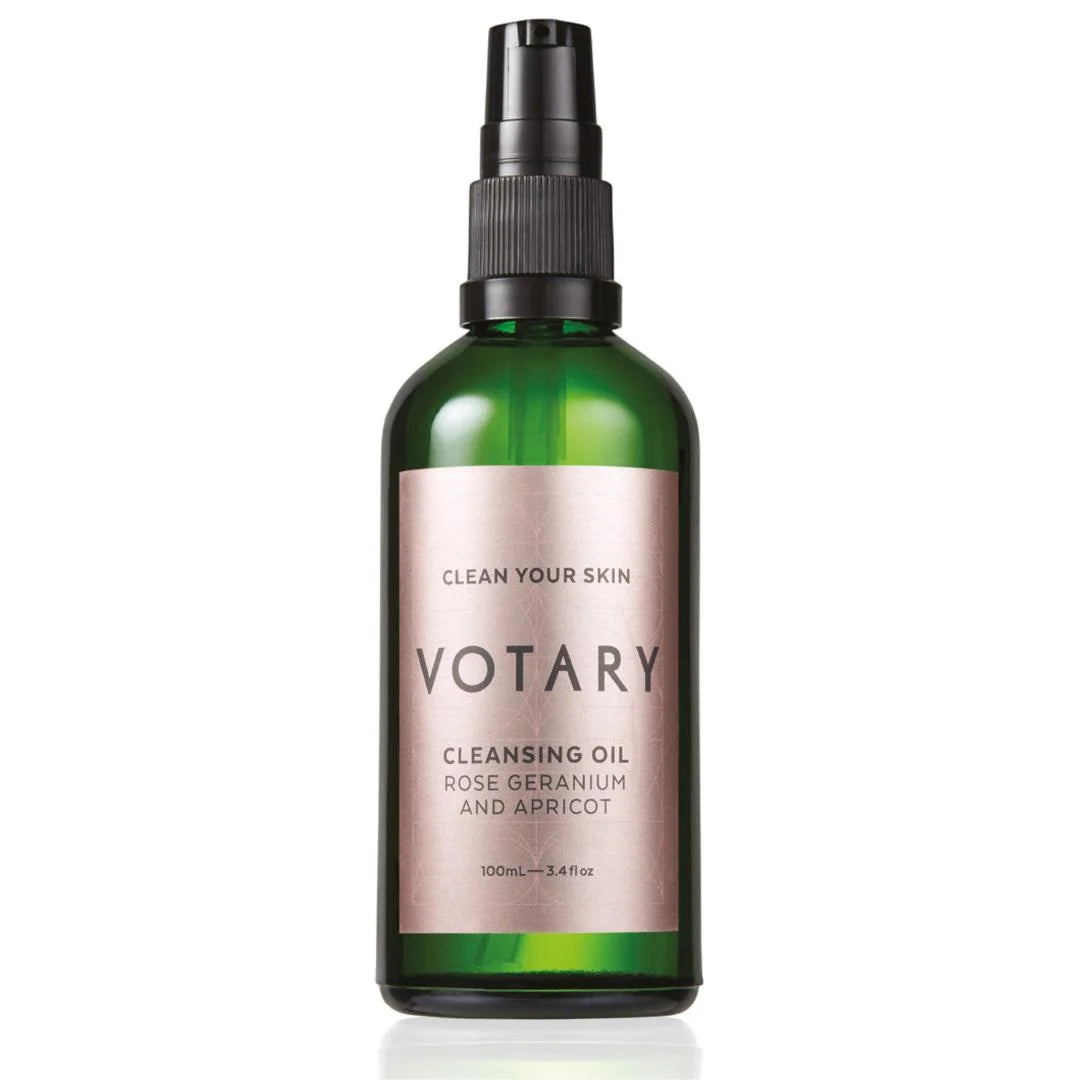 Votary Cleansing Oil Rose Geranium & Apricot 100ml – product and box packaging shot on white background