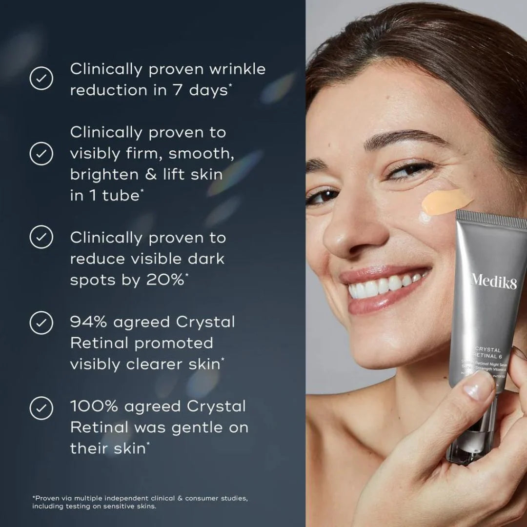 Medik8 Crystal Retinal 1 30ml – clinically proven results infographic, wrinkle reduction in 7 days