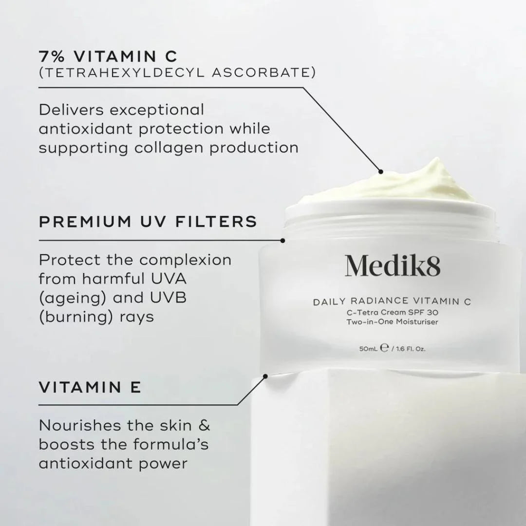 Medik8 Daily Radiance Vitamin C-Tetra Cream SPF 30 50ml – C-Tetra vitamin C complex benefits infographic