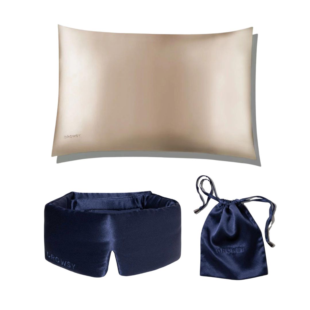 Drowsy Sleep Collection - Pillow Case Dusty Gold, Midnight Blue Sleep Mask and bag