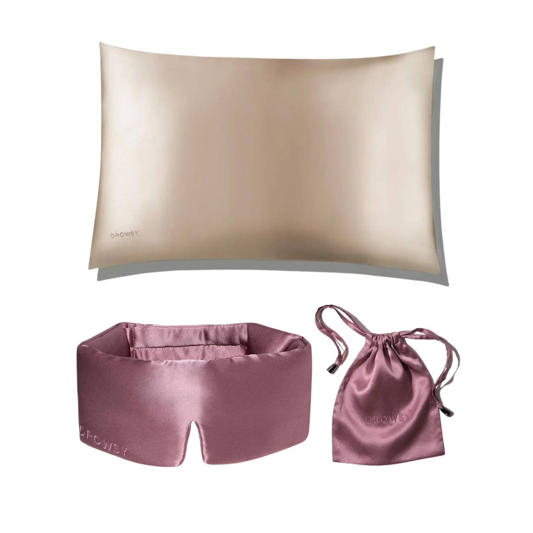 Drowsy Sleep Collection - Pillow Case Dusty Gold, Damask Rose Sleep Mask and bag
