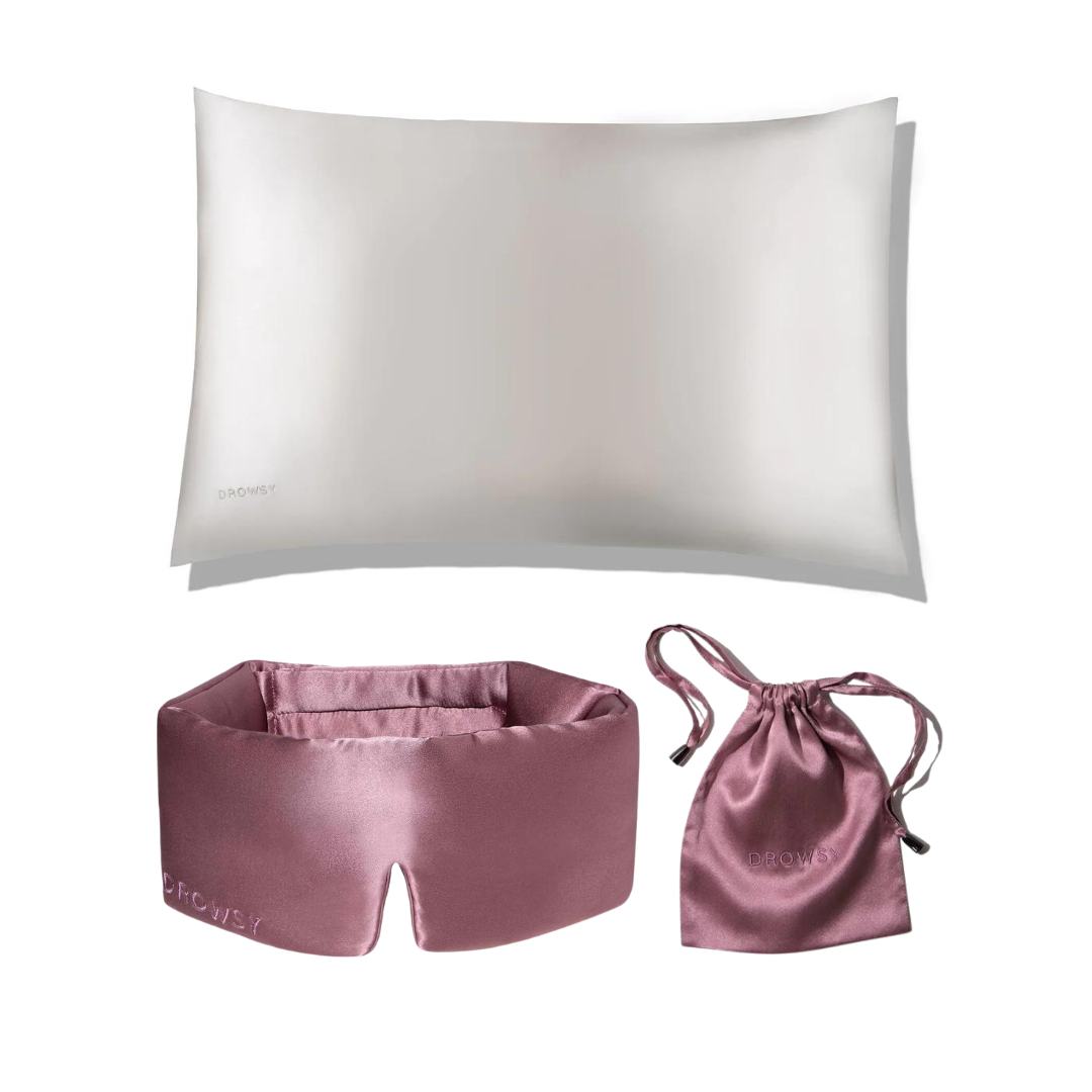 Drowsy Sleep Collection - Pillow Case Akoya Pearl, Damask Rose Sleep Mask and bag