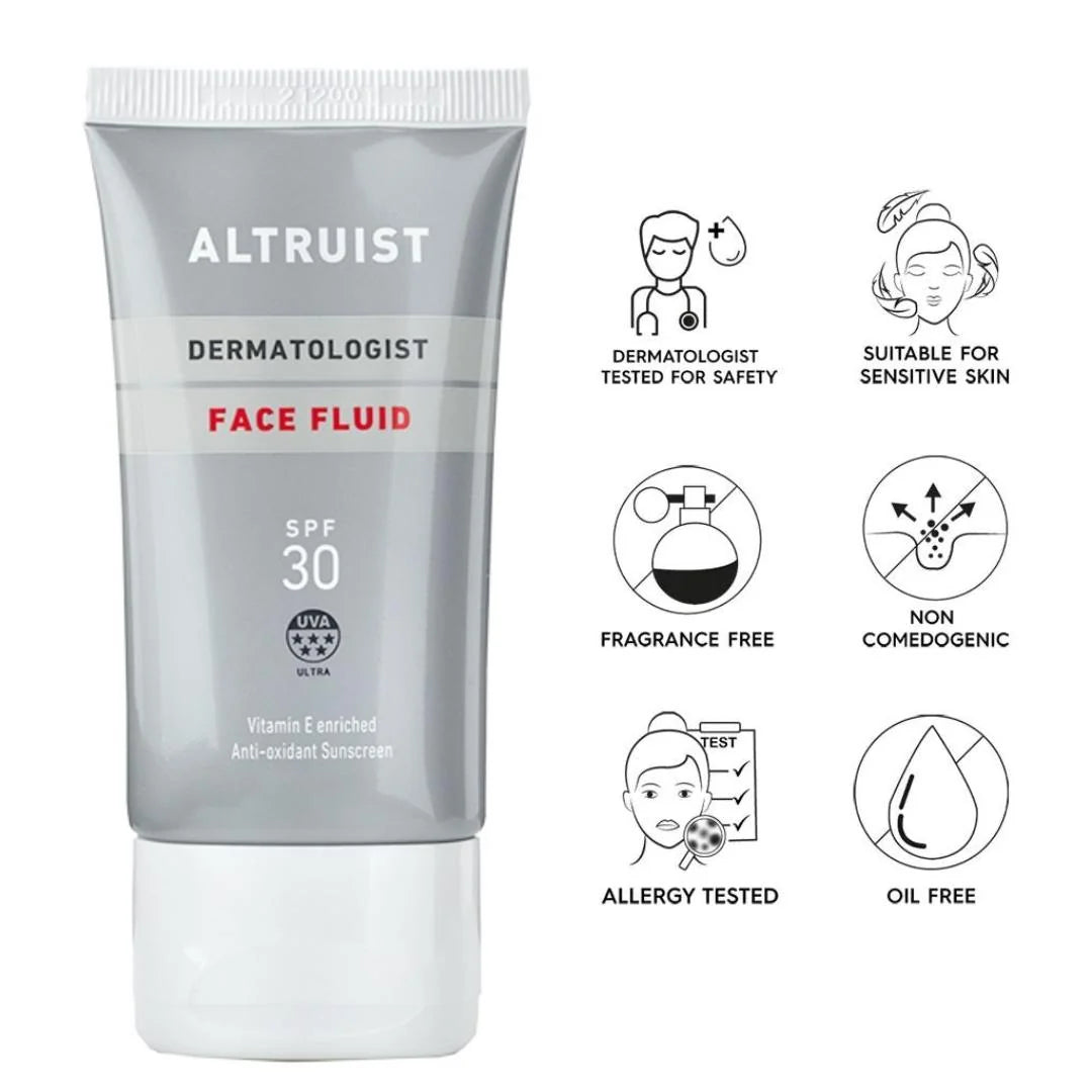 Altruist Dermatologist Face Fluid SPF 30 50ml – key benefits infographic: lightweight SPF 30 face fluid, non-greasy and suitable for daily use under makeup