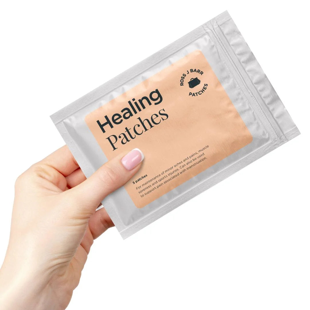 Ross J. Barr Healing Patches 5 patches – key ingredients infographic: natural botanical healing complex