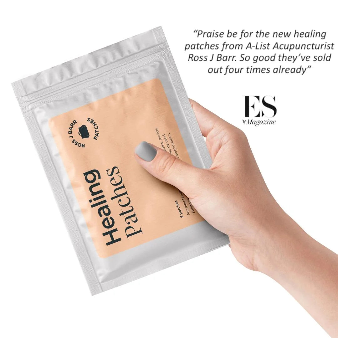 Ross J. Barr Healing Patches 5 patches – key benefits infographic: supports the body's natural healing response with botanical complex