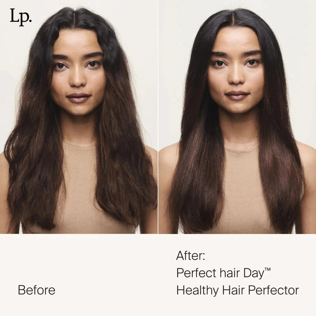 Living Proof Perfect Hair Day Healthy Hair Perfector 118ml – before and after: dull, dry hair perfected to healthy-looking, shiny finish