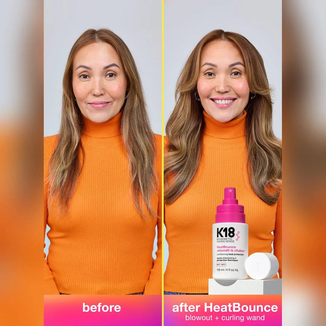 K18 Heat Bounce before and after protects hair from heat styling damage