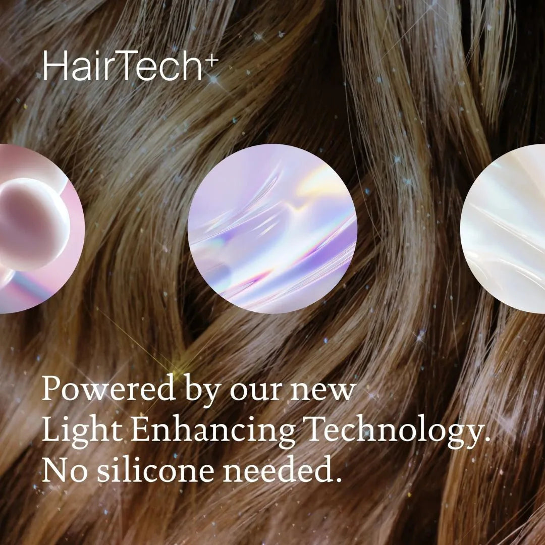 HairTech+ hair extensions with light-enhancing technology and silicone-free claim.