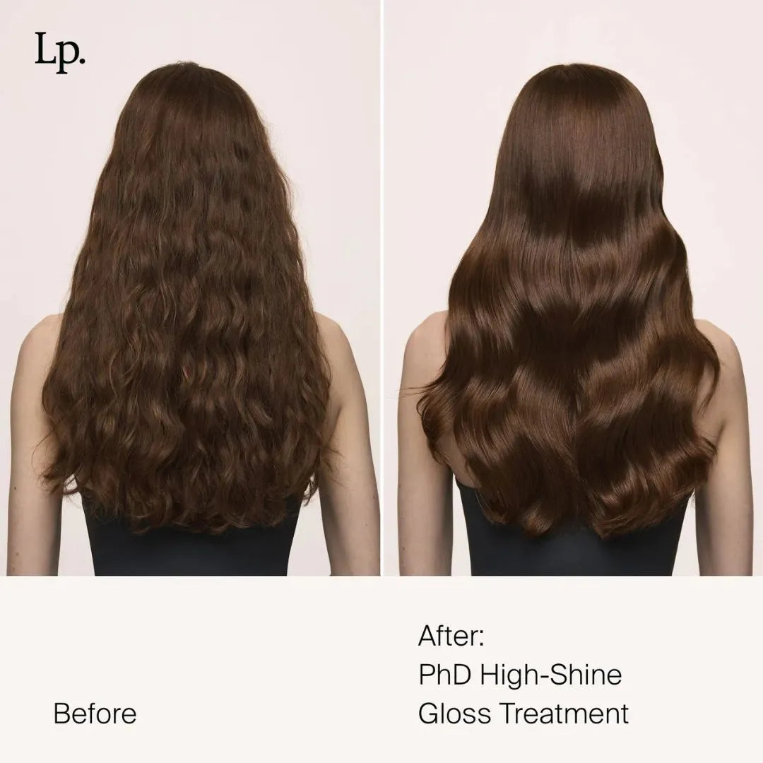 Before and after comparison of hair with PhD High-Shine Gloss Treatment on a plain background.