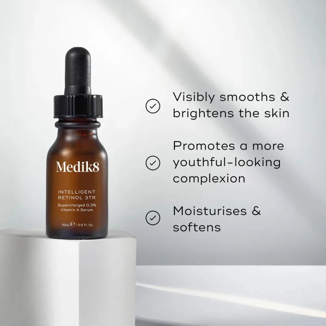 Medik8 Intelligent Supercharged Retinol 3 TR 15ml – smoothing and skin-refining benefits infographic