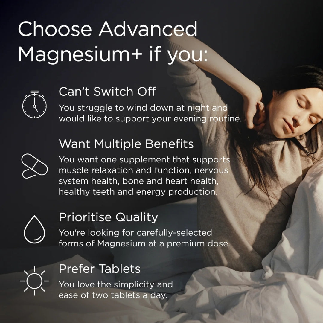 JSHealth Advanced Magnesium + Triple Form 60 Tablets – how to take infographic: 2 tablets daily