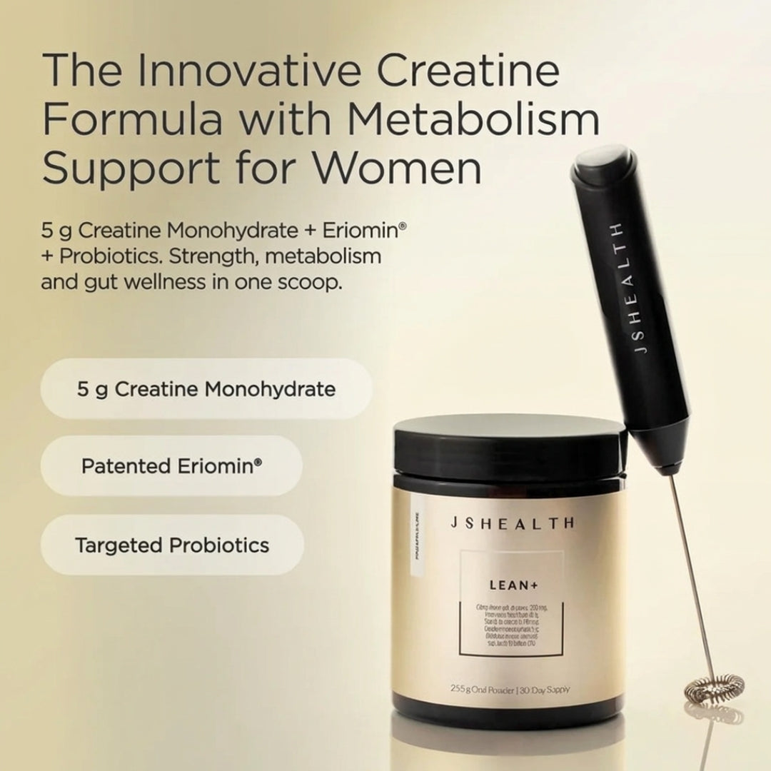 JSHealth Lean+ Creatine Powder 255g – product shot with key formula callout on beige background